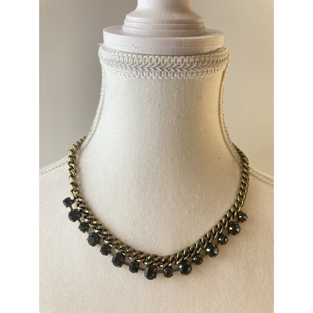 Gold Tone Curb Chain Necklace‎ Charcoal Grey Rhinestone Statement Collar Couture